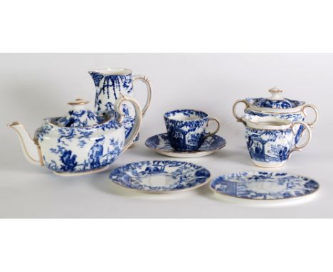 TWENTY PIECE ROYAL CROWN DERBY BLUE AND WHITE CHINA PART TEA SERVICE, printed with Japanesque figures in landscapes, comprisi