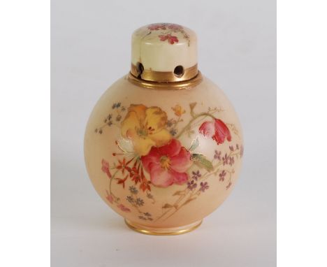 EARLY TWENTIETH CENTURY ROYAL WORCESTER BLUSH CHINA JAR AND COVER, of footed, globular form with pierced, short cylindrical n