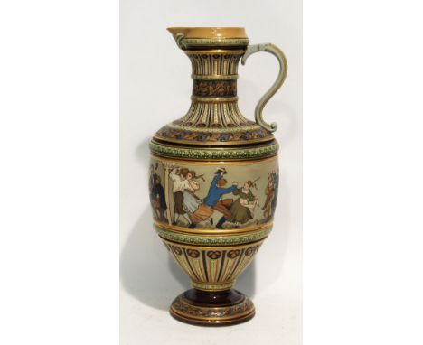 IMPRESSIVE VILLEROY AND BOCH METTLACH MOULDED POTTERY EWER, of pedestal form with 'S' scroll handle to the waisted neck, deco