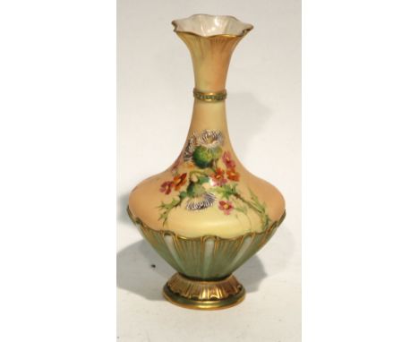 LATE NINETEENTH CENTURY ROYAL WORCESTER MOULDED BLUSH CHINA VASE, of footed, compressed form with tall, waisted neck, the upp