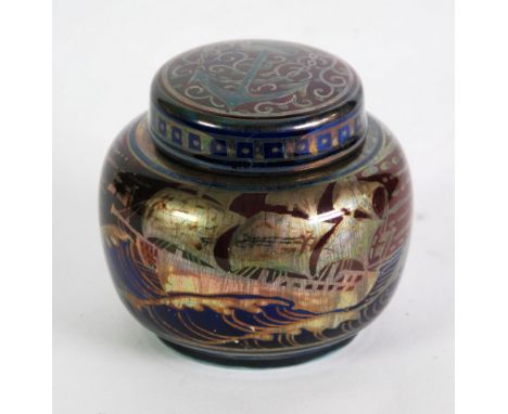 PILKINGTON'S ROYAL LANCASTRIAN LUSTRE GLAZED POTTERY JAR AND COVER by William S Mycock, of squat form with slightly domed cov