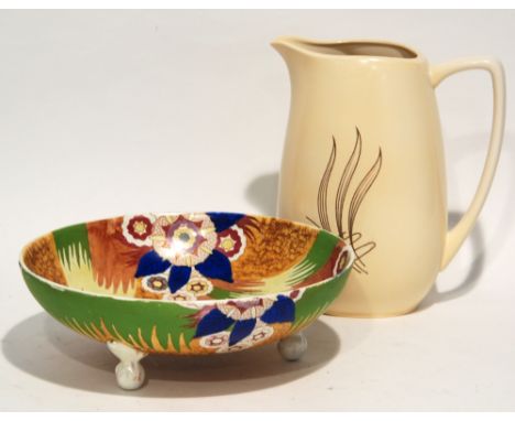 TWO PIECES OF CARLTON WARE POTTERY, comprising, SHALLOW BOWL with moulded claw and ball feet, painted in bright tones with st