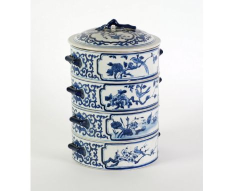 CHINESE FOUR SECTION BLUE AND WHITE PORCELAIN FOOD STAND/HOLDER, each section of shallow cylindrical form with two handles, d