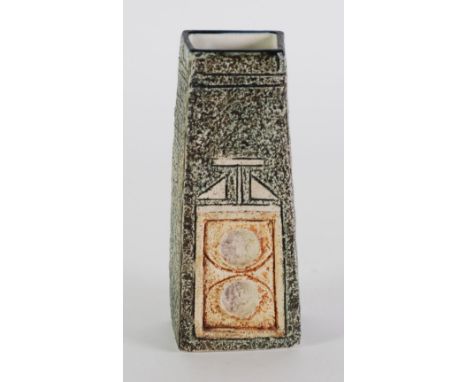 TROIKA MOULDED POTTERY COFFIN VASE, decorated in washed tones of brown with geometric panels, on a textured blue ground, 7" (