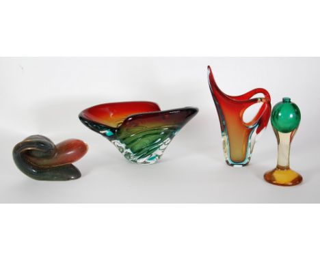 FOUR PIECES OF MURANO COLOURED GLASS, including a shaped oval flared bowl in red, blue and green, 6" (15.2cm) high, organic f