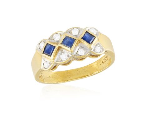 A SAPPHIRE AND DIAMOND DRESS RING, the frontispiece set with three square-cut sapphires accented with brilliant-cut diamonds,