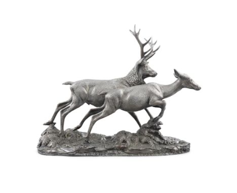 A LARGE SILVER MODEL OF A ROYAL STAG AND DEERSheffield c.1989, by Camelot Silverware Ltd., after a Model by Tom Mackie, each 