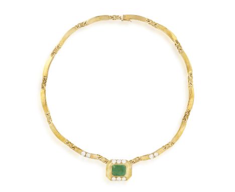 AN EMERALD AND DIAMOND NECKLACE, the articulated fancy-link chain centring a rectangular cut-cornered emerald weighing approx