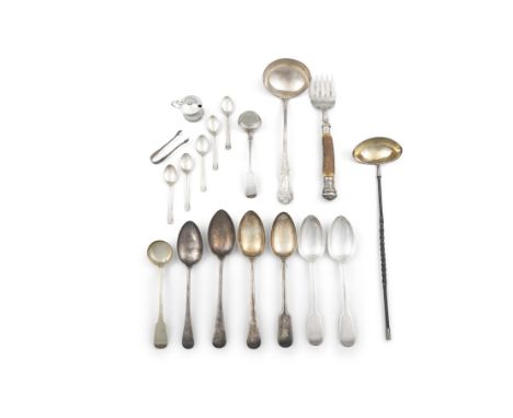 A MISCELLANEOUS SELECTION OF SILVER PLATED CUTLERY Including ladles, serving fork, table spoons, tea spoons etc.