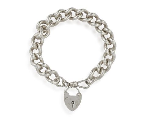 A SILVER BRACELET, the curb-link chain bracelet with heart-shaped padlock, in 925 silver, with additional swivel-clasp and wi