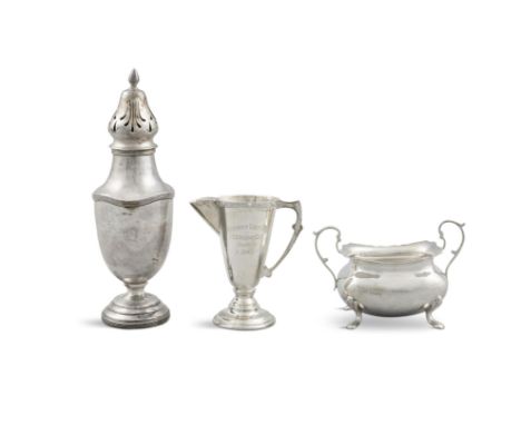 A COLLECTION OF SILVER ITEMSComprising a plain circular sugar caster, Sheffield 1914, 21cm high; a small plain rectangular tw