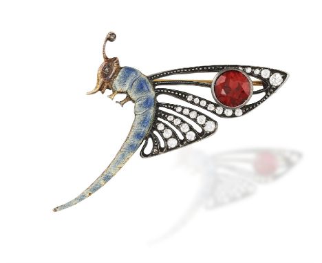 AN ENAMEL, GARNET AND DIAMOND BUTTERFLY BROOCH, designed as the profile of a butterfly, the body decorated with enamel, the w