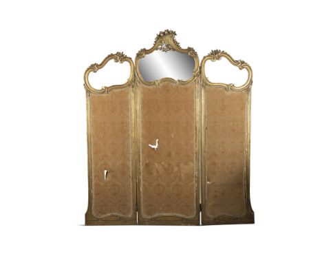 A 19TH CENTURY THREE-FOLD SCREEN, IN THE ROCOCO TASTEEach panel with carved giltwood frame, with cartouche-shaped glazed pane