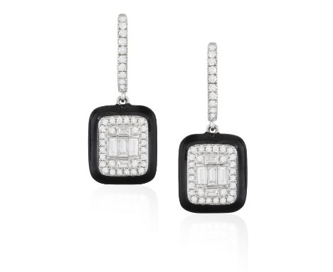 A PAIR OF ONYX AND DIAMOND PENDENT EARRINGS, the brilliant-cut diamond hoop surmount suspending a rectangular bombé plaque se