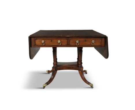 AN IRISH GEORGE III MAHOGANY SOFA TABLE, BY GILLINGTONS OF DUBLINof rectangular form, with drop leaf's to each side, and twin