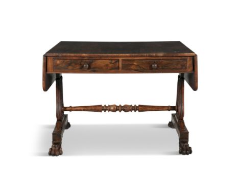 AN IRISH WILLIAM IV ROSEWOOD RECTANGULAR DOUBLE DROP LEAF SOFA TABLE BY WILLIAMS & GIBTONStamped, with twin frieze drawers on