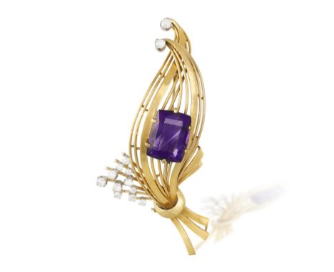 AN AMETHYST AND DIAMOND BROOCH, CIRCA 1950, composed of a large rectangular-cut amethyst set on polished gold leaves and acce