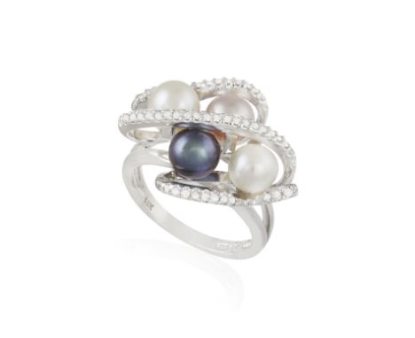 A CULTURED PEARL AND DIAMOND DRESS RING, set with four cultured pearls within a brilliant-cut diamond surround, mounted in 14