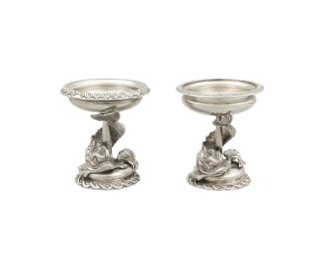 A MATCHED PAIR OF SILVER SALTSDublin 1971/1974, mark of Royal Irish Silver Company, the bowls decorated with a leaf border, r