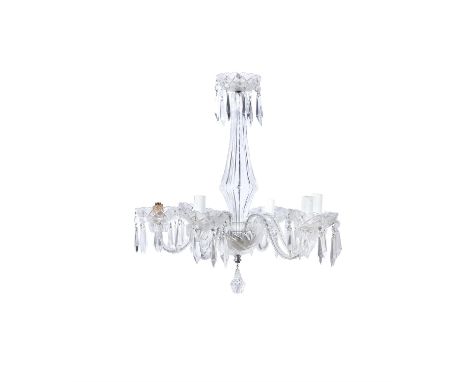 A WATERFORD CUT GLASS SIX BRANCH CHANDELIER, decorated with icicle drops and diamond cutting