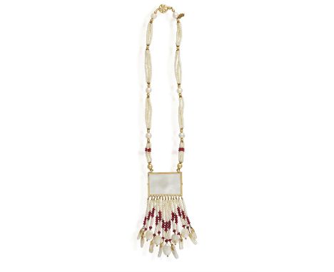 A CULTURED PEARL, MOTHER-OF-PEARL AND RUBY NECKLACE WITH PENDENT EARRINGS EN SUITE, composed of three rows of various culture