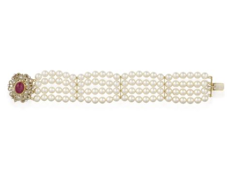 A CULTURED PEARL BRACELET WITH RUBY AND DIAMOND CLASP, the four rows of cultured pearls measuring approx. 6.60mm on average, 