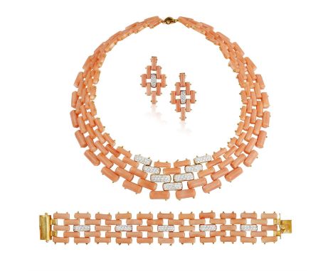 A CORAL AND DIAMOND SUITE, comprising a necklace, a bracelet and a pair of earclips, the necklace composed of tubular plaques