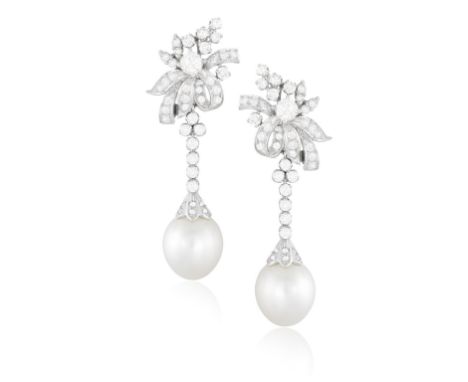 A PAIR OF CULTURED PEARL AND DIAMOND PENDENT EARCLIPS, CIRCA 1960, of foliate design, the surmount set with brilliant-cut dia