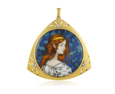AN ART NOUVEAU ENAMEL AND DIAMOND PENDANT, the circular bombé plaque depicting the profile of a lady decorated in enamel, acc