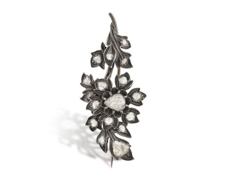 AN EARLY/MID-19TH CENTURY DIAMOND BROOCH, of floral design decorated with rose-cut diamonds within close-back setting, mounte