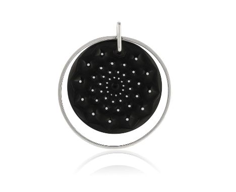 A SILVER PENDANT, BY LALIQUE, designed as a black 'flower of life' plaque with white enamel dots detailing, suspending from a