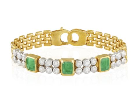 AN EMERALD AND DIAMOND BRACELET, the brick-link bracelet centring three rectangular-cut emerald, between series of brilliant-