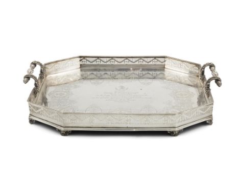 A LARGE IRISH OCTAGONAL SILVER SERVING TRAY, Dublin 1893, maker's mark of Frederick Winder & Charles Lamb, the decorated hand