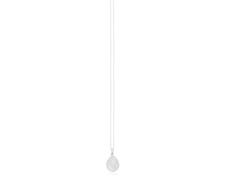 A DIAMOND PENDANT ON CHAIN, the pendant in a pear shape set with brilliant and tapered baguette-cut diamonds, pendant mounted