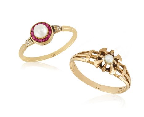 TWO GOLD RINGS, one target ring centring a cultured pearl within a calibré-cut ruby frame, between rose-cut diamond shoulders