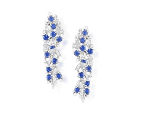 A PAIR OF SAPPHIRE AND DIAMOND PENDENT EARRINGS, of foliate design, the surmount set with circular-cut sapphires with single-