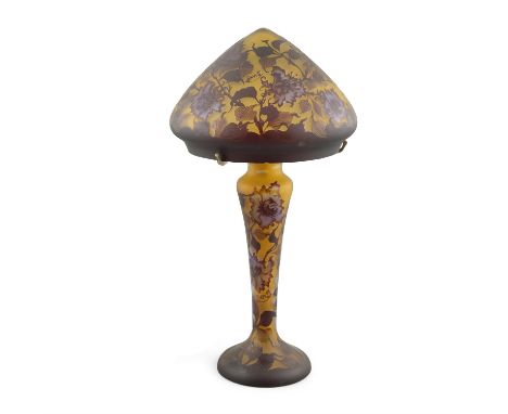 A GALLÉ STYLE CAMEO GLASS TABLE LAMP AND SHADEDecorated with scrolling floral pattern, 42cm high to light fitting, the shade 