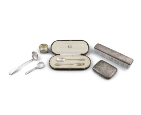 A MISCELLANEOUS LOT OF SILVER ITEMSComprising a cased set of fork and spoon, Sheffield; a curved cigarette case, Birmingham; 
