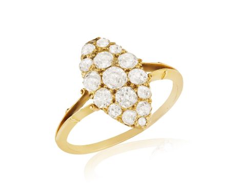 A DIAMOND DRESS RING, the marquise plaque pavé-set with old brilliant-cut diamonds, mounted in gold, diamonds approx. 1.10ct 