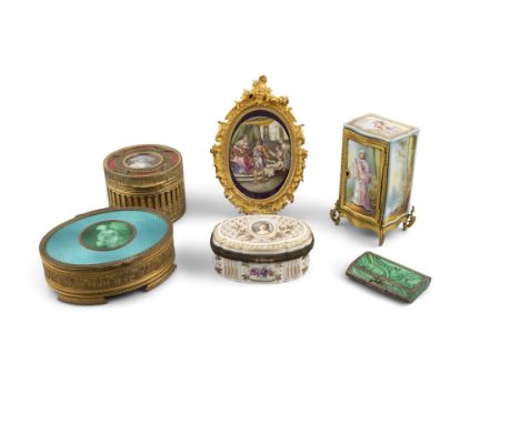 A COLLECTION OF FRENCH GILT METAL MOUNTED PORCELAIN AND ENAMEL BOXES; together with a painted porcelain panel in gilt frame (