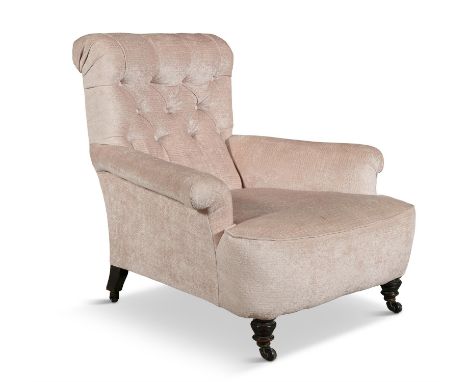A VICTORIAN LADIES ARMCHAIRupholstered in red and yellow striped fabric, with out scrolling arms on turned legs and castors; 