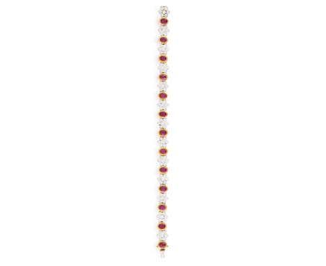 A PINK SAPPHIRE AND DIAMOND BRACELET, composed of a series of oval-shaped pink sapphires within collet-setting, interspersed 