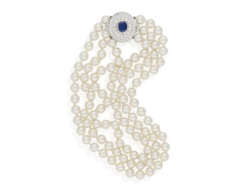 A CULTURED PEARL NECKLACE WITH SAPPHIRE AND DIAMOND CLASP BY WEST, composed of three rows of cultured pearls measuring approx
