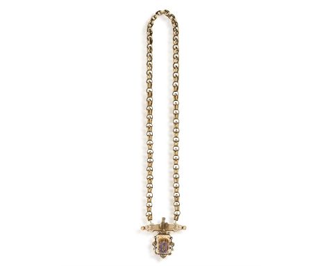 A LATE 19TH CENTURY GOLD AND AMETHYST PENDANT/BROOCH CHAIN NECKLACE, the fancy-link chain suspending a detachable pendant/bro