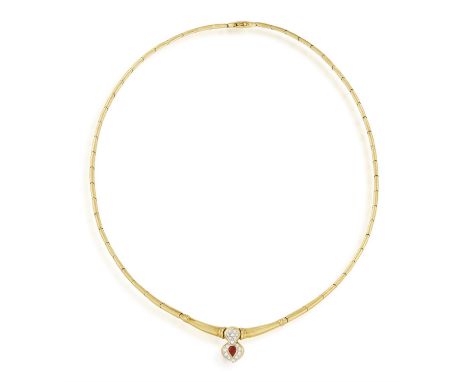 A RUBY AND DIAMOND PENDANT NECKLACE, the articulated fancy-link chain centring a pear-shaped ruby within collet-setting and a