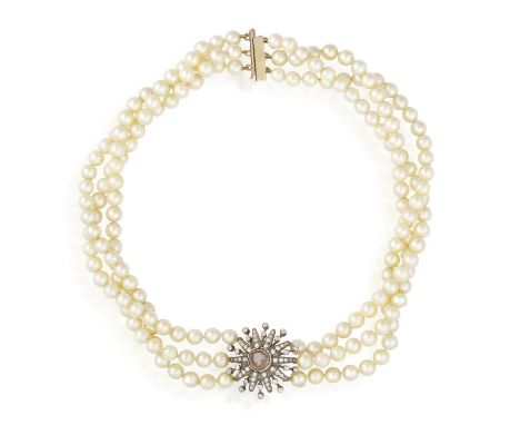 A CULTURED PEARL AND DIAMOND CHOKER NECKLACE, composed of three rows of cream-tint cultured pearls measuring approximately 6.