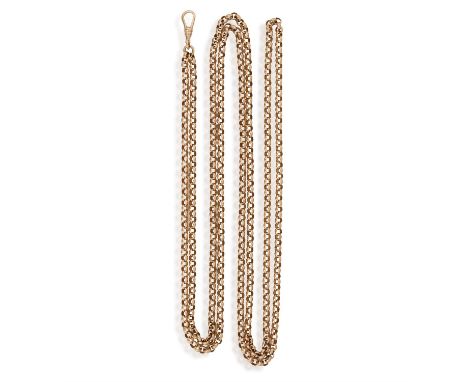 A GOLD CHAIN, composed of long belcher-link chain in 9K rose gold, with Albert swivel clasp, stamped 375 & 9ct, total gross w