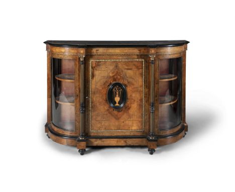 A VICTORIAN INLAID WALNUT CREDENZA SIDE CABINETWith ebonised borders and ormolu mounts, the central panel door flanked by twi