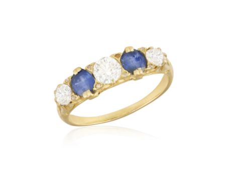 A SAPPHIRE AND DIAMOND DRESS RING, the central old brilliant-cut diamond between two circular-cut sapphires and further simil