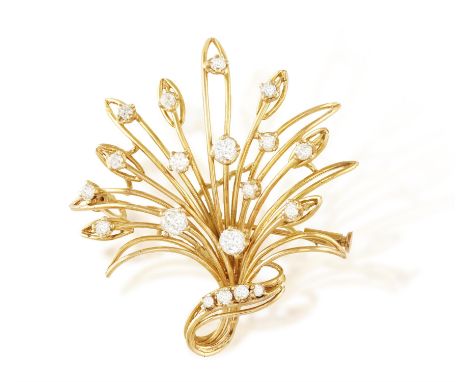 A DIAMOND BROOCH, the openwork foliate design highlighted with old brilliant, cushion and single-cut diamonds, mounted in 18K